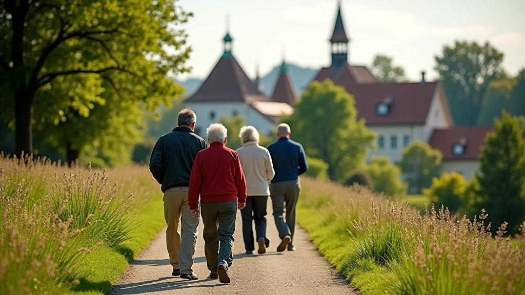 Senioru grupa pastaigas laikā ar informatīvu stāstījumu