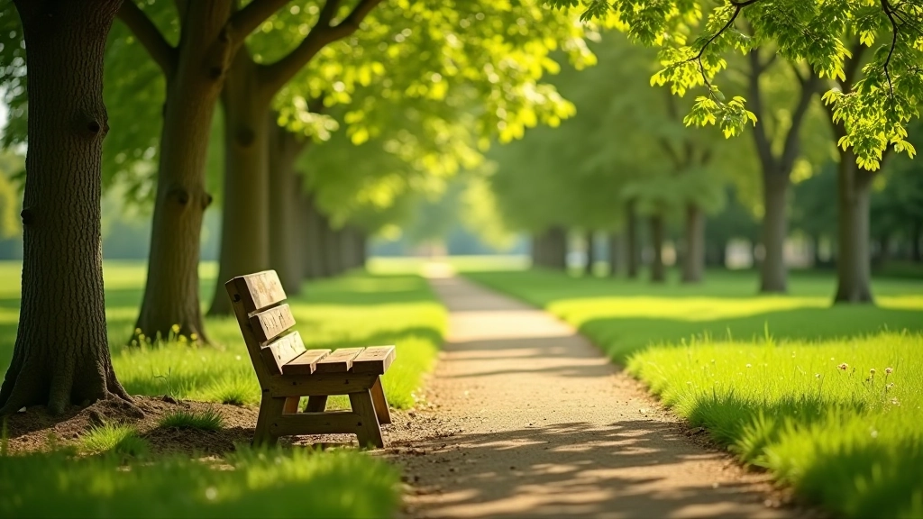 Sola parkā ar skatu uz zaļumiem un mierīgu vidēs